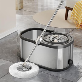 SWIFTIRON Spin Mop and Bucket with Wringer Set for Home,360° Mop and Bucket with Separate Clean and Dirty Water,Wet Dust Mop for Floor Cleaning with Extra Refills (Silver)