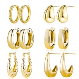 FOJDPAS 6 Pairs 14k Gold Hoop Earrings Set for Women Trendy, Hypoallergenic Chunky Small nickel free Gold Plated Hoop Earrings Jewelry Gifts (gold earrings set)