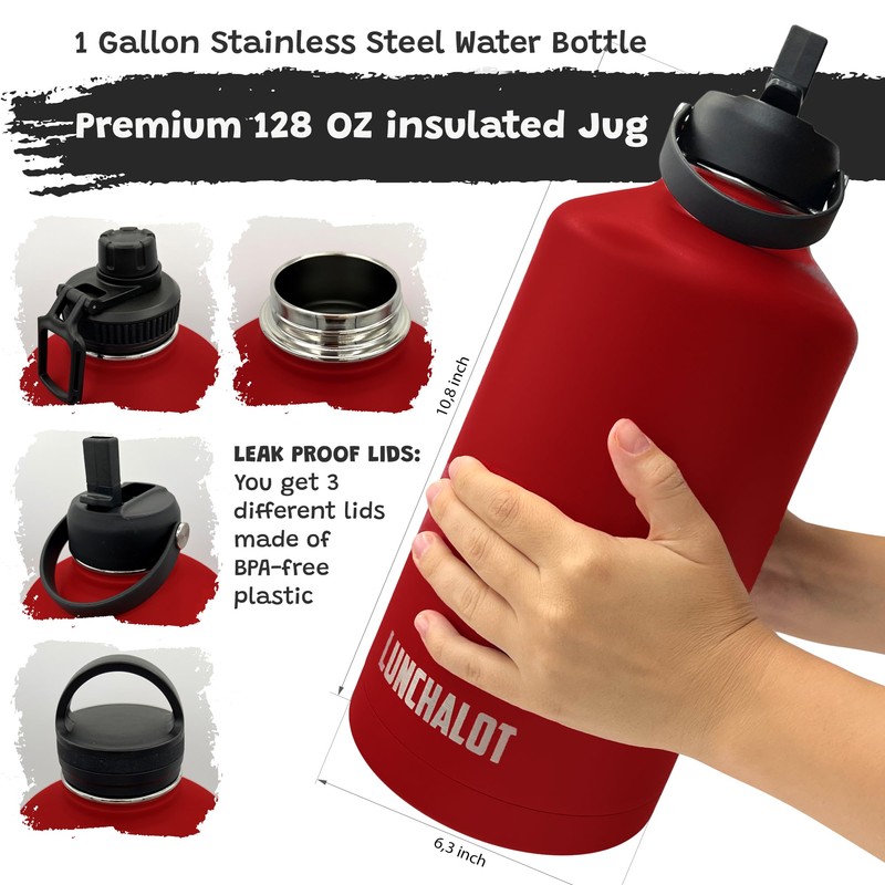 LUNCHALOT 1 Gallon Water Bottle - 128 Oz Insulated Stainless