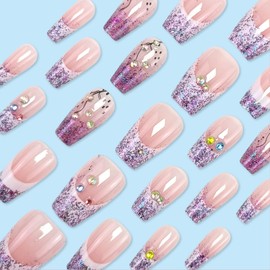 Purple Glitter French Tip Press on Nails Short Coffin Fake Nails with Rhinestones Design Nude Full Cover Acrylic Nails Press ons Cute Glossy Glue on Nails for Women 24 Pcs