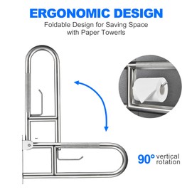 24-Inch Flip-Up Stainless Safety Flip-Up Bathroom Grab Bar with Integrated Toilet Paper Holder, Wall Mounted Support for Handicapped or Elderly Toilet Handrails Hand Grips Handle Shower Assist Aid