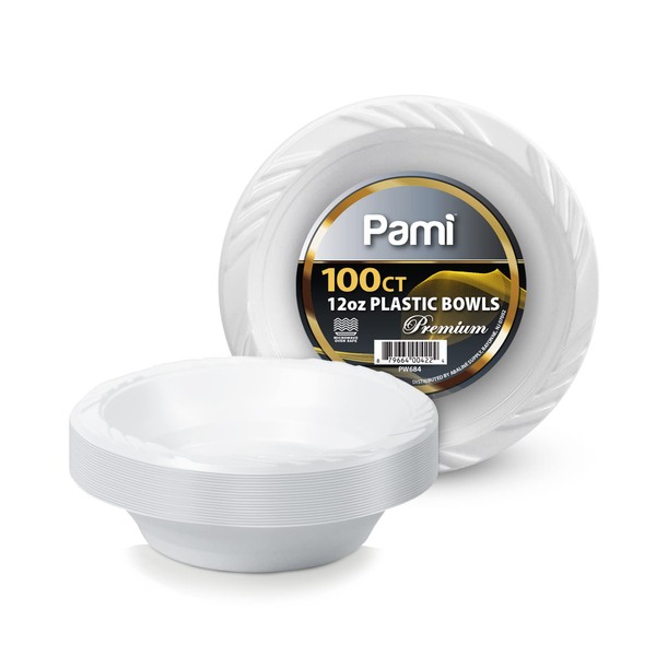 PAMI Premium Disposable Plastic Bowls 12oz [Pack of 100] - White Party Bowls For Dinner Desserts Appetizers- Heavy-Duty Microwavable Bowls In Bulk For Any Occasion- Elegant Plastic Dinnerware Set