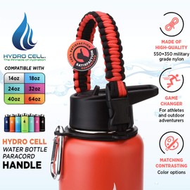 HYDRO CELL Wide Mouth Paracord Handle - Strap Carrier with Safety Ring and Carabiner. Compatible with 14, 18, 24, 32, 40, and 64 oz Stainless Steel Water Bottles (Red/Black)