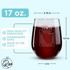 On The Rox Drinks Wine Gifts for Mom- 17Oz “Mom Nutrition Facts” Engraved Stemless Wine Glass - Unique Funny Birthday, Mother’s Day Gifts for Mothers, Expecting Moms, and Stepmothers