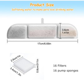 16 Packs Replacement Filters Compatible with Downy Paws Cat Water Fountain, Filter Replacement for DownyPaws 84oz/2.5L Fursink Wireless Pet Water Fountain DPWFP6 (16 Filters & 16 Sponges)