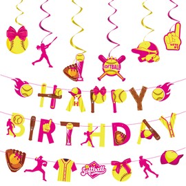 Softball Birthday Party Decorations - 2pcs Softball Happy Birthday Banner, 1pcs Yellow Hot Pink Softballs Banner Bunting Garlands, 6pcs Softballs Themed Hanging Swirls(6 styles)