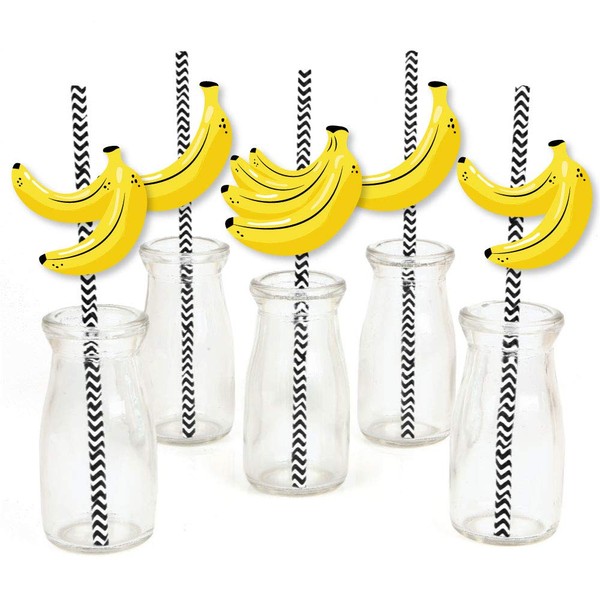 Let’s Go Bananas - Paper Straw Decor - Tropical Party Striped Decorative Straws - Set of 24