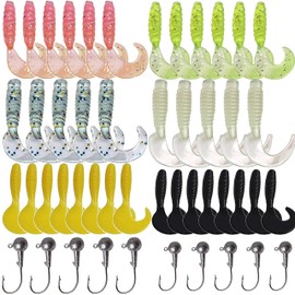Grub Lures Fishing Jig Head Hooks Kit Trout Lure Crappie Jigs Head Soft Plastic Bait Grub Tail Set Smell Tubes Baits Kit for Fishing Bass Trout Bluegill Walleye Perch 17/48/110pcs (48pcs/kit)
