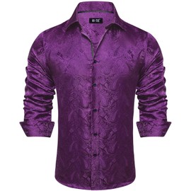 Hi-Tie Purple Silk Paisley Mardi Gras Dress Shirts for Mens Long Sleeve Button Down Regular Fit Shirts Formal Wedding Party Business
