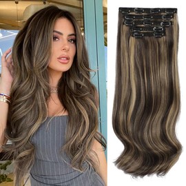 [NEW IN] Vigorous Clip in Hair Extensions Long Wavy Synthetic Hairpieces for Women and Girls, Easy to Install for Daily Use and Event Party Use:_5PCS-F8/27# Medium Brown mixed Blonde（20inch）