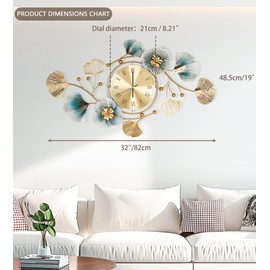 JXQXYN Wall Clock, Clocks for Living Room, Silent Wall Clock Decorative, 3D Retro Metal Ginkgo Leaf Design, for Office Bedroom Kitchen Clock (32''x18'')