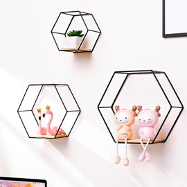 Lvpradior Floating Shelves Wall Mounted Shelf, 3Pcs Metal Hanging Storage Shelves for Wall, Geometric Hexagon Shaped Floating Wall Shelves Decor for Bedroom Living Room Kitchen Office (Black)