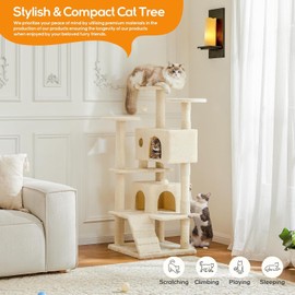 54 Inches Cat Tree Tower Condo Furniture, Cat Tower for Indoor Cats, Cozy Hammock and Sisal Scratching Posts, Multi-Level Durable Cat Scratch Post for Kittens Pet House Play, Detachable Toy, Beige
