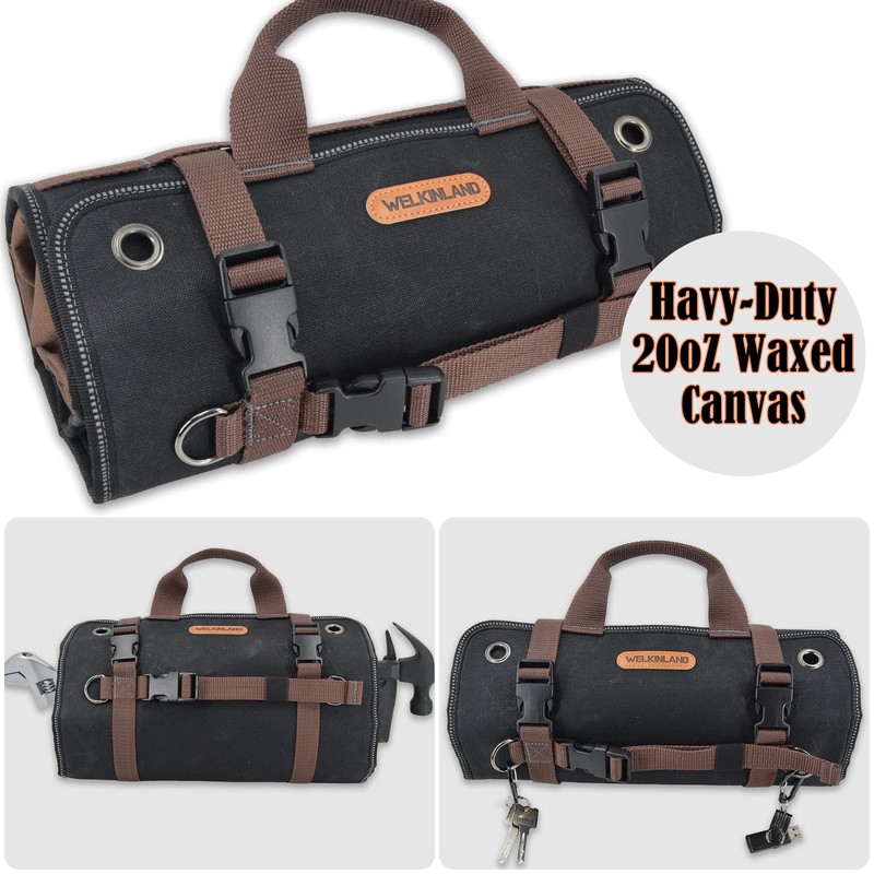WELKINLAND Heavy-Duty Waxed Canvas Tool roll, 15-Pockets Tool Wrap Roll,