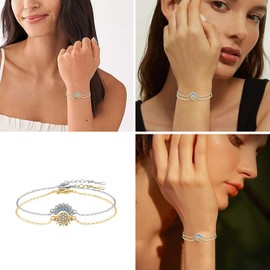 Gkaopi Bracelets for Womens Adjustable Celestial Sparkling Sun And Moon Bracelet Set Silver Gold Plate Matching Couple Bracelets Zirconia Bracelet Gifts for Friends Mum Sisters and Your Lover