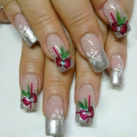 24Pcs Christmas Press on Nails Short Square Fake Nails French Tip False Nails Full Cover Glitter Fake Nails with Xmas Bows Stick on Nails Winter Holiday Artificial Nails for New Year Nail Decoration