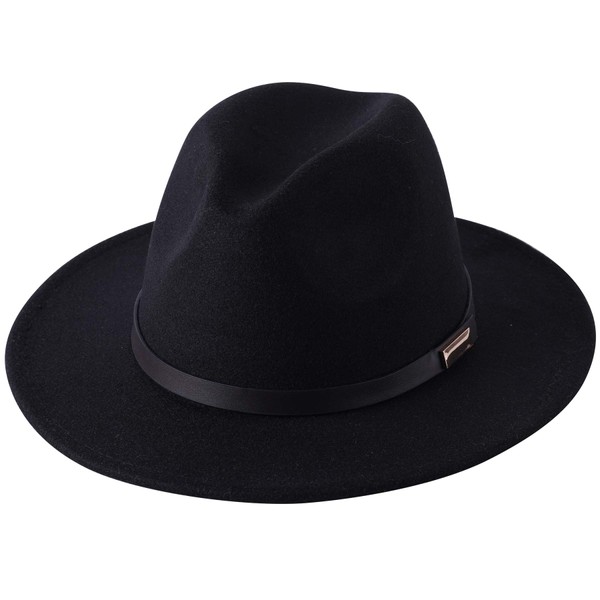 Lanzom Women Lady Retro Wide Brim Floppy Panama Hat Belt Buckle Wool Fedora Hat Fit Size 6 8/7-7 1/4 (01-Black, One Size)