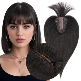 MY-LADY Human Hair Toppers for Women Real Human Hair with Bangs Thin 8 * 10CM Lace Silk Base Clip in Remy Hairpieces Hand-Tied Light Weight 14 Inch Natural Black