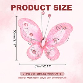 PATIKIL 24Pcs Butterflies for Crafts, 2.2" Mesh Wire Glitter Butterfly Organza Butterflies for DIY Craft Home Decor Clothing Wedding Decoration, Light Pink