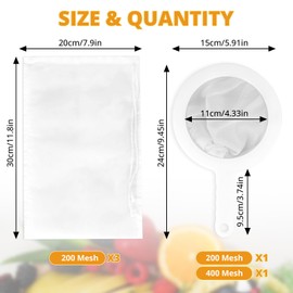 Sieve Fine, Nut Milk Bag, Pack of 3 Reusable Straining Cloths 20 x 30 cm, 2 Pieces Sieve Kitchen with Handle 200/400 Mesh, Suitable for Nut Milk, Cheese, Coffee, Yogurt, Juice
