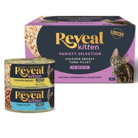 Reveal Natural Wet Kitten Food in Broth, Limited Ingredient Grain Free Canned Kitten Food, Protein with No Artificial Additives, Chicken & Tuna Variety in Broth (8 x 2.47 oz Cans)