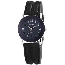 Akzent Women's Watch Faux Leather Pin Buckle Analogue Quartz 1900273, Black, blue, silver, Bracelet