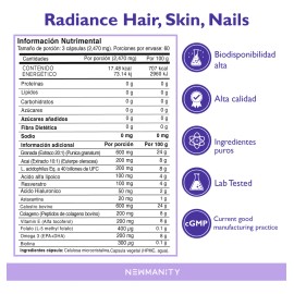 Radiance Suplemento para Uñas, Cabello y Piel - 2 meses - con Colágeno, Biotina, Ácido Hialurónico, Colostro, Omega 3, Vitamina E y Astaxantina - Nutrición para Belleza y Salud