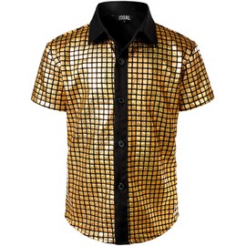 JOGAL Boy's Dress Shirt Sequins Button Down Shirts 70s Disco Party Costume 10 Gold
