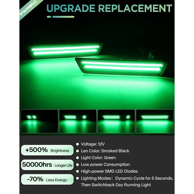 PWOBVZ Dynamiac Green LED Rear Side Marker Lights for 2011-2014