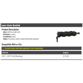 Marketplace Auto Parts Lower Intake Manifold - with Gaskets - Compatible with 2011-2017 Ford Mustang 3.7L V6