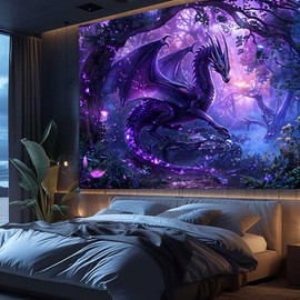 Bcsewcg Trippy Purple Dragon Tapestry, Magic Forest Tapestry for Bedroom Aesthetic, Medieval Fantasy Animals Cool Dragon Tapestry Wall Hanging for Men,Boys, Living Room Dorm Decor