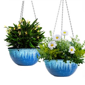 LESOASIS 12 inch Large Hanging Planters for Indoor Outdoor Plants, Set of 2 Glazed Hanging Flower Pots with Drainage Hole, Hanging Baskets for Garden Home Porch Decor