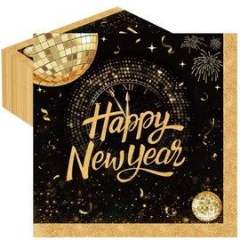 50 PCS Happy New Year 2026 Napkins Disposable Black Gold Dinner 6.5 × 6.5'' Paper Napkins for 2026 Home New Years Eve Party Table Decorations Holiday Party Dinner Dessert Paper Supplies