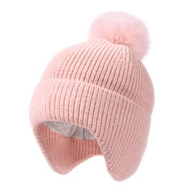 FURTALK Toddler Baby Winter Hat Warm Lined Kids Knitted Hat with Ear Flap Newborn Pom Pom Beanie for Girls and Boys, pink