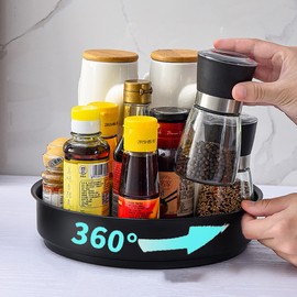 PIGPIGFLY Lazy Susan Kitchen Organiser, Turntable Organiser, 360 Degree Rotating Storage Container for Food, Spice Holder Made of Stainless Steel, Lazy Susan (Black/25 cm)