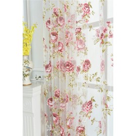 Kolachic Rod Pocket Top Rose Floral Sheer Voile Curtain, Pink Flower Tulle Transparent Window Treatment for Living Room Bedroom Glass Door, 54 by 84 Inch Each,1 Set of 2 Panels …