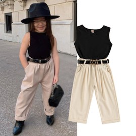 Little Kids Toddler Baby Girl Clothes Set Cotton Sleeveless Shirt Vest Tank Top Chino Pants Belt Fashion Outfits 3PCS (Black, 4-5 Years)