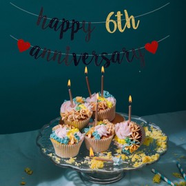 Happy 6th Anniversary Banner,6th Wedding Anniversary Party Bunting Decoration,6th Birthday, 6th Anniversary Party Garlands.（Black & Gold) Already threaded.