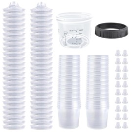 Throohills Disposable Paint Spray Gun Cup System for HVLP Paint Spray Paint Gun,Standard 6 Ounce (180ml) Kit with 50 Cups and Lids, 1 Hard Paint Mixing Cup with Retainer Ring and 20 Plugs