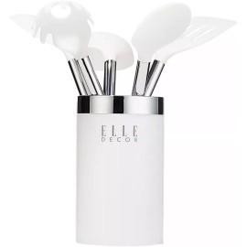 Elle Decor 6-Piece Nylon Silicone Kitchen Utensil Set with Holder Chrome Handle