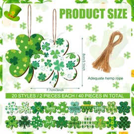 Anglechic 40 Pcs St. Patrick's Day Ornaments Irish Shamrock Wooden Ornaments Green St. Patrick's Day Clover Hanging Ornaments with Rope Good Luck Cutouts for Tree Table DIY Crafts Party Decorations