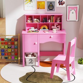 HONEY JOY Kids Desk and Chair Set, Wooden Children School Study Table and Chair w/Drawer, Hutch, Storage Shelves, Student Writing Desk Computer Workstation for Bedroom, 3+ Years Old (Pink)