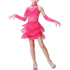 Girls Latin Dress Shiny Diamonds Halter Sleeveless Tassels Dancewear Samba Rumba Jazz Cha Cha Dance Dresses Rose Pink, 12-13 Years