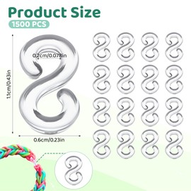 LXUEJIE Pack of 1500 Loom Bands Clasps, S Clips, Colourful Loom Bands Accessories, Clasps Clips, Plastic Rubber Loops, DIY Rubber Band, Jewellery Accessories for Bracelets Crochet Hooks