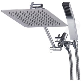 G-Promise All Metal 10" Dual Square Shower Head Combo | Rain Shower Head | Handheld Shower Wand | Adjustable | Smooth 3-Way Diverter | 71" Extra Long Hose - A Bathroom Upgrade (Chrome)
