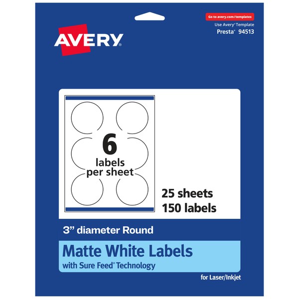 Avery Matte White Round Labels, Sure Feed Technology, 3" Diameter,