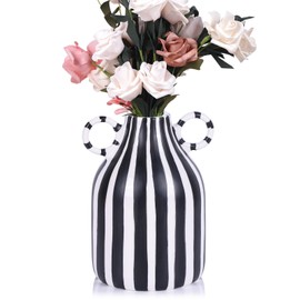 oliruim Ceramic Black and White Striped Vase, Hand-Painted Modern Minimalist Bohemian Decor, Central Dining Table, Kitchen Tabletop, Bookshelf, Bedroom Aesthetic Decoration (B)