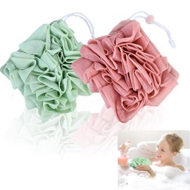 Fidqiog 2 Pcs Loofah, 2 In 1 Bath Sponge for Men And Women, Fine Mesh Wash Cloths Shower Sponge, Shower Loofah With Drawstring For Body Wash Cleansing, Smooth Skin Body Scrubber (Pink and Green)