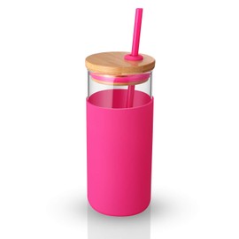 tronco 20oz Glass Tumbler Glass Water Bottle Straw Silicone Protective Sleeve Bamboo Lid - BPA Free (Watermelon)