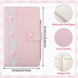 Thenshop 3 Pcs Pink Bow Coquette Journal Gifts Cute Preppy Girly Notebook A5 Hardcover Leather Lace Pink Diary with Crystal Bow Pen Aesthetic Preppy Notebook for Birthday Gift Office Supplies